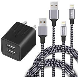 iPhone Charger, JAHMAI Nylon Braided Fast Charging Lightning Cable 2Pack 6ft Data Sync Transfer Cord Dual Port Plug Wall Charger(UL Listed)Compatible With iPhone 11 PRO MAX XS XR X 8 7 Plus 6S 6 iPad