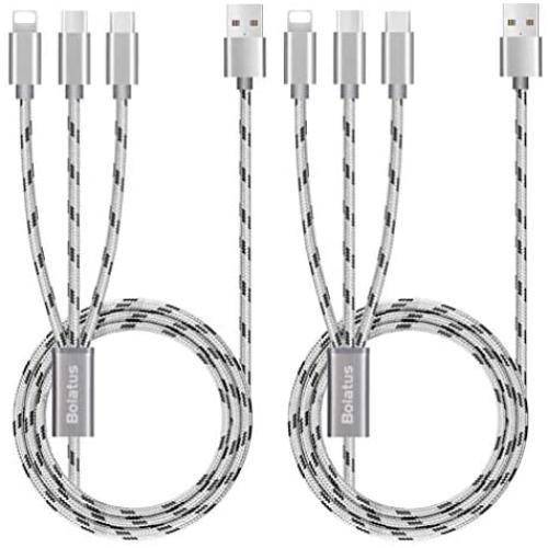 2Pack 5ft Multi Charging Cable, Bolatus 3 in 1 Charging Cable Multiple Device Phone Connector USB Universal Charger Cord Adapter Compatible with Cell Phone Tablets More [Upgraded](Silver, 5FT2Pack)