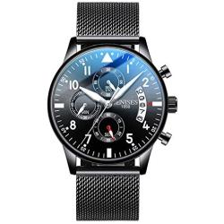 Donia Mens Watch Multi-Hand Original Stainless Steel Waterproof Fashion Casual Analog Quartz Gift Watch Black