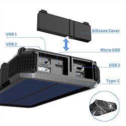 Solar Power Bank 26000mAh, Solar Charger with 28 LEDs, Type-c(in & Out) + Wireless Charging + 3 USB Output for Camping & Travelling, External Backup Battery Pack with Output of 3A for iPhone/Androi