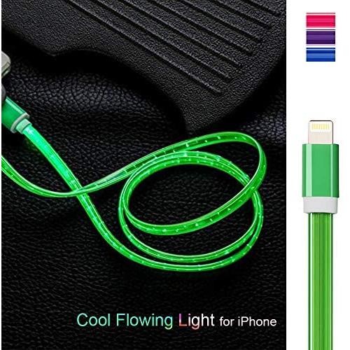 3ft Visible Flowing LED USB Cable Sync Data Fast Charger Cord for iPhone 11/iPhone Xs MAX/XR/ /8/8 Plus/7/7 Plus/6/6 Plus, iPod and iPad and More-with Cell Phone Finger Ring Stand（Green）