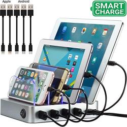 Simicore Charging Station for Multiple Devices, Simicore 4-Port USB Charger Station with 5 Short Mixed Cables for Cell Phones, Smart Phones, Tablets (Silver)