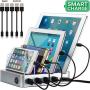 Simicore Charging Station for Multiple Devices, Simicore 4-Port USB Charger Station with 5 Short Mixed Cables for Cell Phones, Smart Phones, Tablets (Silver)