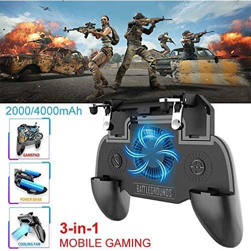 3 in 1 Mobile Gaming PUBG Trigger Controller Gamepad Shooter Trigger with Cooling Fan&2000mah Power Bank for Smartphone