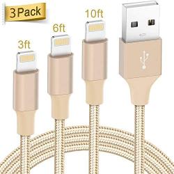 Lightning Cable Apple Certified - Quntis iPhone Charger 3Pack 3ft 6ft 10ft Nylon Braided USB Fast Charging Cord Compatible with iPhone 11 Pro X Xs Max XR 8 7 6 Plus iPad Pro Airpods and More, Gold