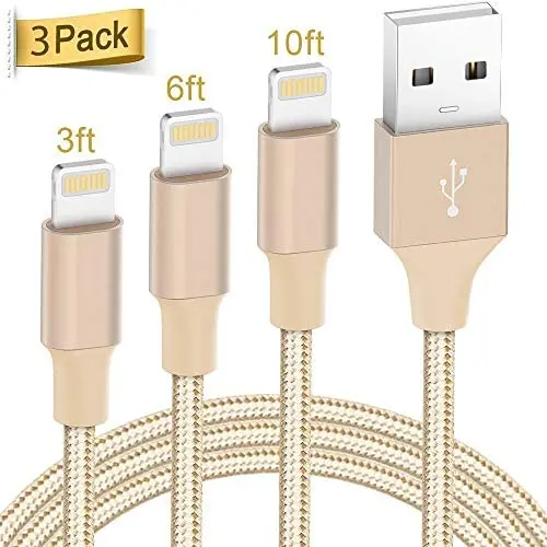 Lightning Cable Apple Certified - Quntis iPhone Charger 3Pack 3ft 6ft 10ft Nylon Braided USB Fast Charging Cord Compatible with iPhone 11 Pro X Xs Max XR 8 7 6 Plus iPad Pro Airpods and More, Gold Lightning Cable Apple Certified - Quntis iPhone Charger 3Pack 3ft 6ft 10ft Nylon Braided USB Fast Charging Cord Compatible with iPhone 11 Pro X Xs Max XR 8 7 6 Plus iPad Pro Airpods and More, Gold