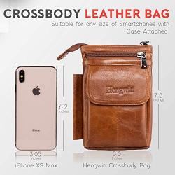 Hengwin Men Purse Crossbody Bag iPhone 11 Pro Max Holster Case with Belt Clip Cell Phone Pouch iPhone XS Max Holster Belt Loop Pouch Case Leather Shoulder Phone Bag iPhone XR Belt Carrying Case -Brown