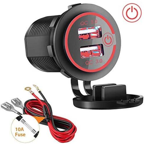 Quick Charge 3.0 Dual USB Charger Socket, Waterproof 12V/24V QC3.0 Dual USB Fast Charger Socket Power Outlet with Touch Switch for Car Marine, Boat, Motorcycle, Truck and More(QC3.0-Red)
