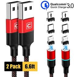 Magnetic Charging Cable, CAFELE 2 Pack/6.6ft 3 in 1 Magnetic Phone Charger Universal QC 3.0 Fast Charging Data Sync Nylon Braided USB Cord Magnet Phone Charger for iOS Micro USB Type C Devices - Red