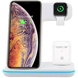 Wireless Charger 3 in 1 Charging Station for Airpods1/2/Pro iWatch 1/2/3/4 Qi Certified 15W Fast Wireless Charging Stand for iPhone X/Xs/Xs Max/8/8 Plus Samsung Galaxy S10 S9 S8 S7 Note9/8 and More