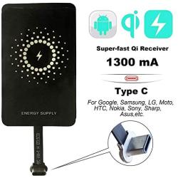 Super-Fast 1300mA Type C Qi Wireless Charging Receiver and Adapter for Google Pixel, Samsung Galaxy, LG, HTC, Motorola, Nokia, Sony, Sharp, Asus and Other USB C Universal Android Phones