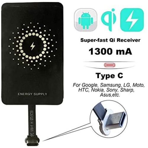 Super-Fast 1300mA Type C Qi Wireless Charging Receiver and Adapter for Google Pixel, Samsung Galaxy, LG, HTC, Motorola, Nokia, Sony, Sharp, Asus and Other USB C Universal Android Phones