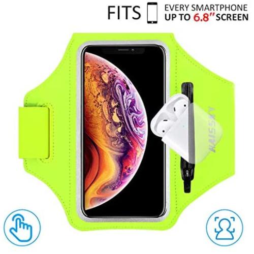 HAISSKY Armband Case with Airpods Holder/Car Key Bag Cell Phone Holder Gym Case Fits iPhone 11 Pro Max/11 Pro/Xs Max/XR 8 7 6,Galaxy S10+/S10/S10e/S9+ with Key Holder&Card Slot up to 6.8" (Green)