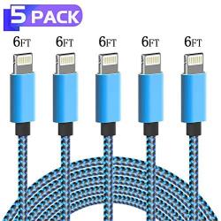 PLmuzsz iPhone Charger Cable,MFi Certified Lightning Cable 5 Pack-6FT Durable High-Speed Charger Nylon Braided Cord Compatible iPhone11 Pro Max/Xs/Max/XR/X/8Plus/7Plus/6S Plus/SE/iPad/Nan Light Blue