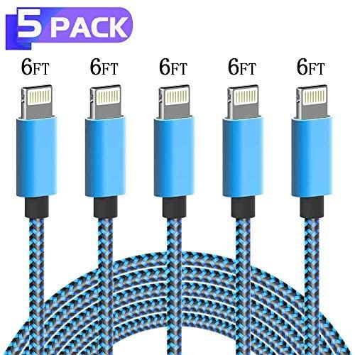 PLmuzsz iPhone Charger Cable,MFi Certified Lightning Cable 5 Pack-6FT Durable High-Speed Charger Nylon Braided Cord Compatible iPhone11 Pro Max/Xs/Max/XR/X/8Plus/7Plus/6S Plus/SE/iPad/Nan Light Blue