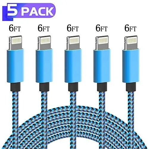 PLmuzsz iPhone Charger Cable,MFi Certified Lightning Cable 5 Pack-6FT Durable High-Speed Charger Nylon Braided Cord Compatible iPhone11 Pro Max/Xs/Max/XR/X/8Plus/7Plus/6S Plus/SE/iPad/Nan Light Blue