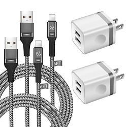 Phone Charger Cable 6 FT with Wall Plug, WHIRELEAST Braided Long Phone Charging Cord + Dual USB Wall Charger Block Adapter Compatible with iPhone 11/11 Pro Max/XS/XR/X/8/7/6 Plus, iPad (4-Pack)