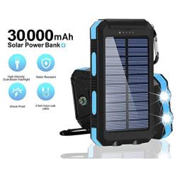 Solar Chargers 30,000mAh, Dualpow Portable Dual USB Solar Battery Charger External Battery Pack Phone Charger Power Bank with Flashlight for Smartphones Tablet Camera (Baby Blue)