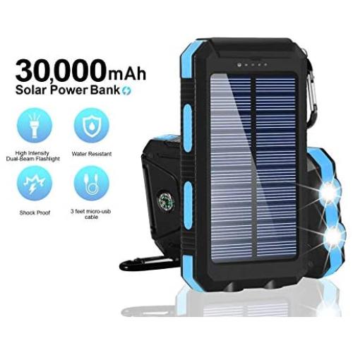 Solar Chargers 30,000mAh, Dualpow Portable Dual USB Solar Battery Charger External Battery Pack Phone Charger Power Bank with Flashlight for Smartphones Tablet Camera (Baby Blue)
