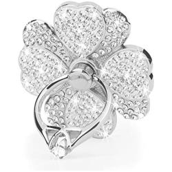 Phone Finger Ring Stand with Sparkly Diamond, Nsiucion Heart Lucky Clover Phone Ring Kickstand Holder [Washable] [Removable], 360°Rotation Zinc Alloy Ring Grip Stand for All Phones (Silver)