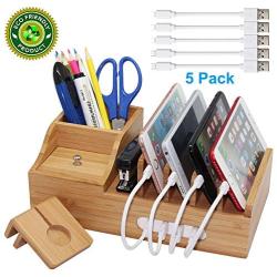 Pezin & Hulin Bamboo Charging Station, Multiple Devices Organizer for Phones,Tablet, Office Desktop Wooden Docking Stations (Include 5 x Charger Cable), Storage Box Stand for Pen, Key, Remote