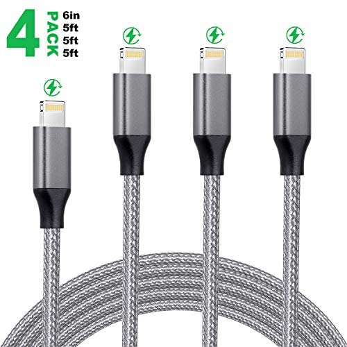 Bestf iPhone Charger,Lightning Cable 4Pack 6inch+5ft+5ft+5ft Nylon Braided iPhone Charger Cable for Charging and Syncing Compatible with iPhone 11/11 Pro/X/XS/XR/XS Max/8/8 Plus/7/7 Plus,Dark Grey