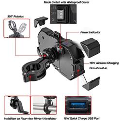 Waterproof Motorcycle Phone Holder Wireless Charger and USB 3.0 Quick Charge Phone Mount 2 in 1 360 Rotation Fit 22-32mm Handlebar or Rear-View Mirror 12-24V Vehicles