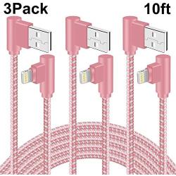 90 Degree iPhone Charger 10 FT 3 Pack Lightning Cable Right Angle Braided iPhone Charging &Syncing Cord for iPhone Xs Max/XS/XR/X/iPad/iPod(Rose Gold,10FT)