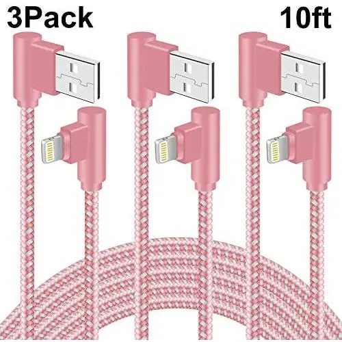 90 Degree iPhone Charger 10 FT 3 Pack Lightning Cable Right Angle Braided iPhone Charging &Syncing Cord for iPhone Xs Max/XS/XR/X/iPad/iPod(Rose Gold,10FT) 90 Degree iPhone Charger 10 FT 3 Pack Lightning Cable Right Angle Braided iPhone Charging &Syncing Cord for iPhone Xs Max/XS/XR/X/iPad/iPod(Rose Gold,10FT)