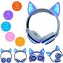 MeterMal Earphonel Cute Cat Ear Rechargeable Gaming Headset with LED Lights Colorful Over Ear Foldable Headphones with Mic for Cell Phone Pink