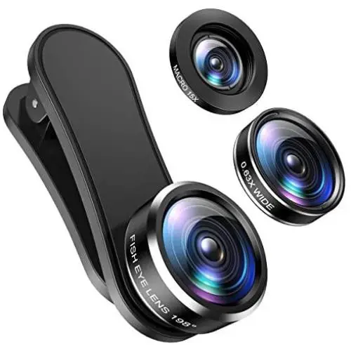 (2020 New) Phone Camera Lens, 198°Fisheye Lens, 15X Macro Lens and 0.63X Wide Angle (Screwed Together), Clip on Cell Phone Lens Kit for TIK Tok Video, Compatible with iPhone, Most Android Phones