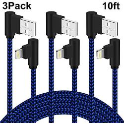 Right Angle iPhone Charger Cable 3 Pack 10 FT 90 Degree Lightning Cable Extra Long Nylon Braided Charging and Syncing Cord Compatible with iPhone Xs Max/XS/XR/X/ 8/8 Plus (Blue Black,10Foot)