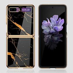 Phone Case Ultra-Thin Back Cover Tempered Glass Shell Electroplated PC Protector Fit for Samsung Galaxy Z Flip Phone Accessories (Gold Thread Black)