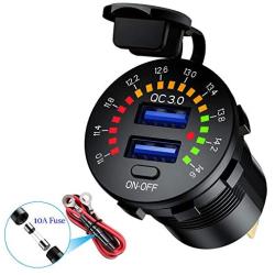 LiDiVi [Upgraded Version] Quick Charge 3.0 Dual USB Car Charger Socket with Colorful Voltmeter & ON/Off Switch, 12V USB Outlet for Car Marine Boat Motorcycle ATV Bus Truck and More - Black