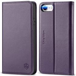 SHIELDON iPhone SE 2020 Case, iPhone 8 Wallet Case, Genuine Leather iPhone 7 Flip Magnetic Cover Card Slots Carry-All with Kickstand TPU Shockproof Case Compatible with iPhone SE2/8/7 - Dark Purple