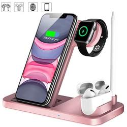 Wireless Charger, QI-EU 4 in 1 Qi-Certified Fast Charging Station Compatible Apple Watch Airpods Pro iPhone 11/11pro/X/XS/XR/Xs Max/8/8 Plus, Wireless Charging Stand Compatible Samsung Galaxy S20/S10