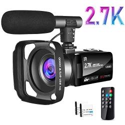 Video Camera 2.7K Camcorder Ultra HD 30MP Vlogging Camera for YouTube IR Night Vision 3 inch 16X Digital Zoom Touch Screen Camcorder with Microphone Remote Control Lens Hood and 2 Batteries