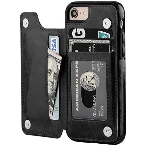 OT ONETOP iPhone 8 Wallet Case with Card Holder, iPhone 7 Case iPhone SE(2020) Wallet Premium PU Leather Kickstand Card Slots,Double Magnetic Clasp and Durable Shockproof Cover 4.7 Inch(Black)