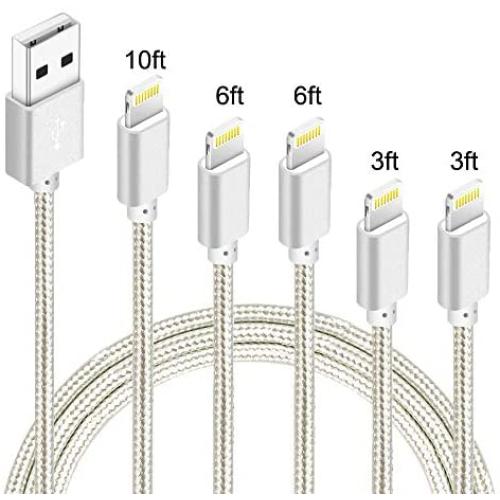 5Pack(3ft 3ft 6ft 6ft 10ft) iPhone Lightning Cable Apple MFi Certified Braided Nylon Fast Charger Cable Compatible iPhone Max XS XR 8 Plus 7 Plus 6s 5s 5c Air iPad Mini iPod (Silver)