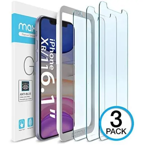 Maxboost (3 Pack) Screen Protector with Anti-Blue Compatible Apple iPhone 11 and iPhone XR (6.1&quot) [Blue Light Filtering + Eye Protection Tempered Glass] Advance HD Clarity Work with Most