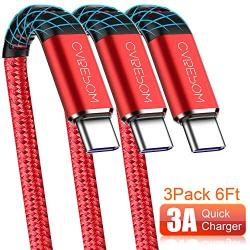 Cabepow 3Pack 6Ft USB Type C Cable, 3A Fast Charge Cord Compatible with Samsung Galaxy S10 / S9 / S8 / Note 8,LG V20 / V30 / V40, Premium Nylon Braided USB-C to USB-A Fast Charging C Cables (Red)