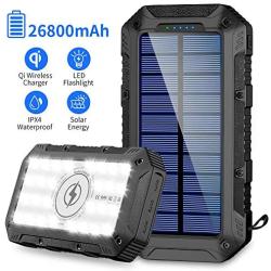 Solar Charger 26800mAh,GRDE Wireless Portable Solar Power Bank Panel Charger with 28 LEDs and 3 USB Output Ports External Backup Battery Huge Capacity Phone Charger for Camping Outdoor for iOS Android