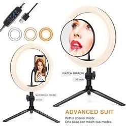 LED Ring Light with Tripod Stand 10" for Video and Lighted Makeup Mirror Cell Phone Holder Desktop LED Lamp with 3 Light Modes - Lighted Vanity Makeup Mirror; 5X Magnification (Plastic Mirror)