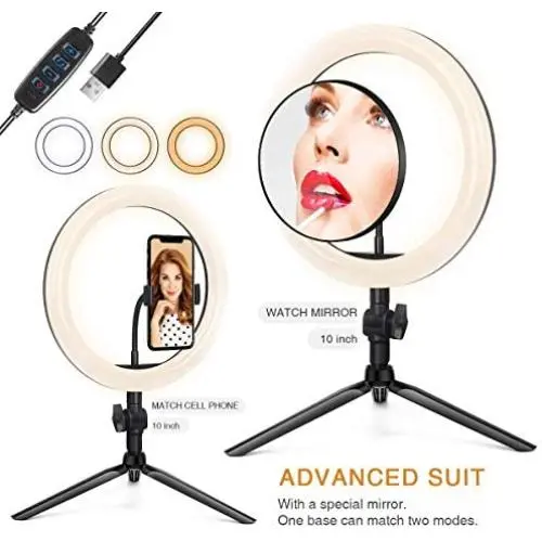 LED Ring Light with Tripod Stand 10" for Video and Lighted Makeup Mirror Cell Phone Holder Desktop LED Lamp with 3 Light Modes - Lighted Vanity Makeup Mirror; 5X Magnification (Plastic Mirror) LED Ring Light with Tripod Stand 10" for Video and Lighted Makeup Mirror Cell Phone Holder Desktop LED Lamp with 3 Light Modes - Lighted Vanity Makeup Mirror; 5X Magnification (Plastic Mirror)