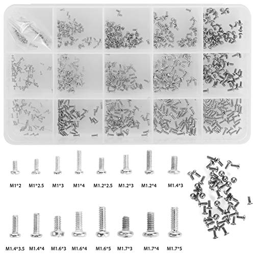 HanTof 800pcs 16 Kinds M1 M1.2 M1.4 M1.6 M1.7 Nickel-Plated Phillips Pan Head Small Screws,Micro Screws, Tiny Screws,Mini Machine Screw Assortment Kit Small Electronic Repair Screws