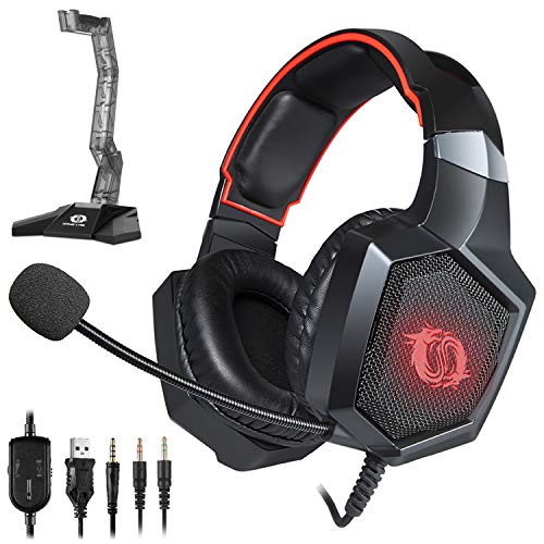 Game Lab Phantom LED Over-Ear Surround Sound Gaming Headset Noise Cancelling Mic Bundle with Stand (Black) for PC, Xbox One, PS4, Nintendo Switch, Mac, Desktop, Laptop, Computer, VR, Android, iOS