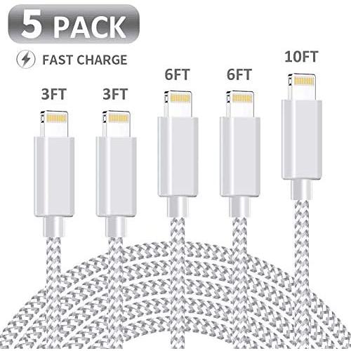 MFi Certified iPhone Charger, KRISLOG  [3/3/6/6/10ft, 5Pack]  Lightning Cable- Lightning iPhone Charger Cable Lead Nylon USB Fast Charging Compatible iPhone 11 Pro XS Max X XR 8 7 6s 6 Plus iPad