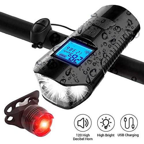 AOPUTTRIVER Bike Light Set USB Rechargeable Bicycle Light Front Back Super Bright Waterproof Bicycle Odometer Speedometer 4 Light Modes & Trumpet Fits All Bicycles, Mountain, Road