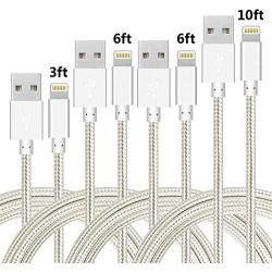 Phone Cable 4pcs 3FT 6FT 6FT 10FT Nylon Braided Cord Charger Compatible with PhoneX/Phone8/8Plus/7/7Plus/6/6s/6Plus and More (White)