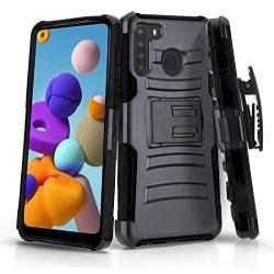 CasemartUSA Phone Case for [Samsung Galaxy A21], [Refined Series][Black] Shockproof Cover with Built-in Kickstand & Belt Clip Holster for Samsung Galaxy A21 (Verzion, Boost Mobile, T-Mobile, Metro)